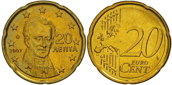 (2007) Монета Греция 2007 год 20 центов &quot;Иоанн Каподистрия&quot; 2. Новая карта ЕС Латунь  UNC