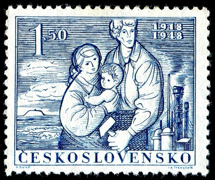 (1948-022) Марка Чехословакия &quot;Семья (Синяя)&quot; ,  III O