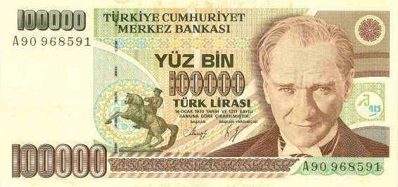 (,) Банкнота Турция 1991 год 100 000 лир &quot;Мустафа Кемаль Ататюрк&quot;   UNC