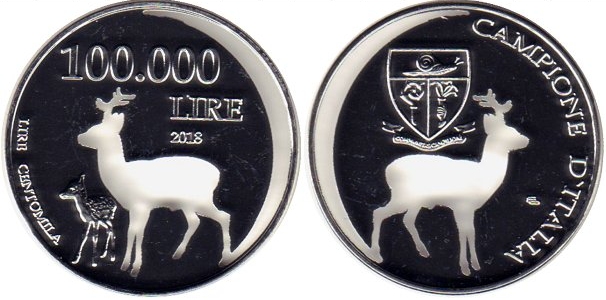 (2018) Монета Кампионе 2018 год 100000 лир &quot;Олени&quot;  Медно-никель, покрытый серебром  PROOF