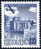 (1954-026b) Марка Польша "Двойное тиснение (WARSZAWA)"   Самолет над памятниками архитектуры III O