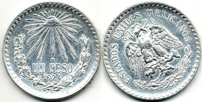 (1924) Монета Мексика 1924 год 1 песо   Серебро Ag 720  XF