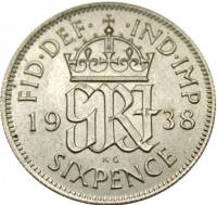 (1938) Монета Великобритания 1938 год 6 пенсов "Георг VI"  Серебро Ag 500  XF