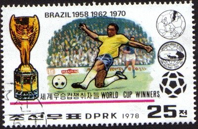 (1978-072) Марка Северная Корея &quot;Бразилия 1958, 1962, 1970&quot;   Победители ЧМ по футболу III Θ