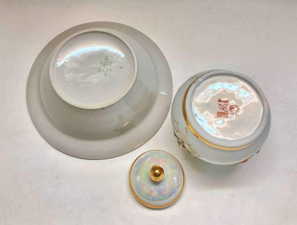 Сахарница + конфетница, фарфор, перламутр (есть сколы)