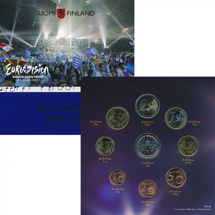 (2007, 8 монет + жетон) Набор монет Финляндия 2007 год &quot;Евровидение&quot;   Буклет