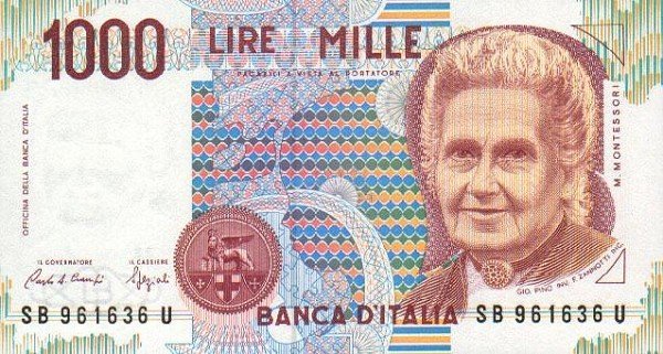 Банкнота Италия 1990 год 1&nbsp;000 лир Мария Монтессори   XF
