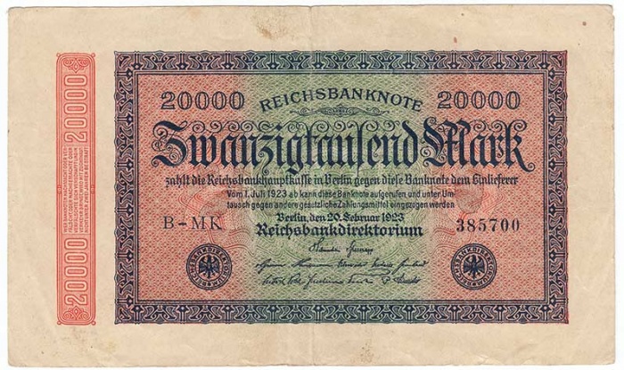 1923 Банкнота Германия 1923 год 20 000 марок Вод знак Звёзды 2-й выпуск  XF