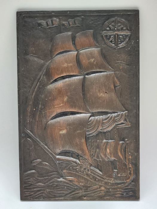 Панно настенное металл чеканка корабль в море Парусник СССР17,5 х 28 см