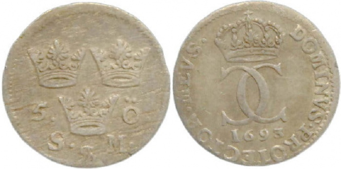 (1693) Монета Швеция 1693 год 5 эре   Серебро Ag 500  VF