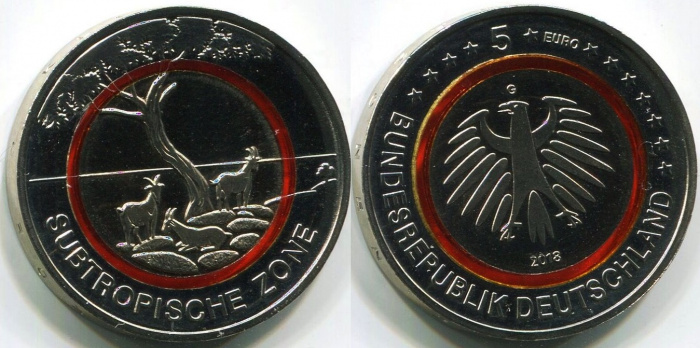 (2018g) Монета Германия (ФРГ) 2018 год 5 евро &quot;Субтропическая зона&quot;  Оранж полимер Медь-Никель  UNC