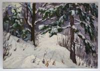 Картина Тулаев В. Н. 1987 г. Пейзаж Сугробы в зимнем лесу масло картон 35х24 см