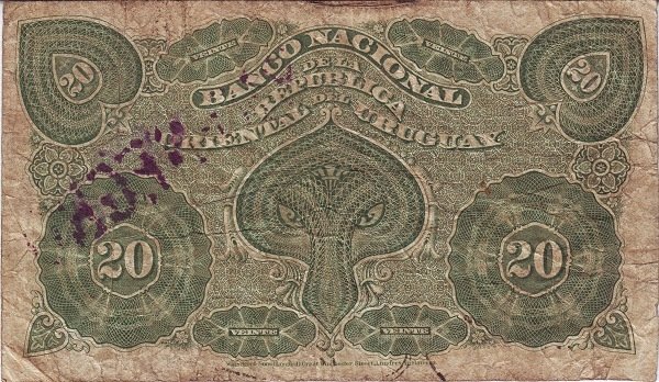 (№1887P-A88c.3) Банкнота Уругвай 1887 год &quot;20 Centeacute;simos&quot;