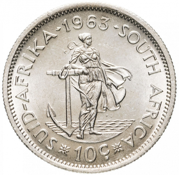 (1963) Монета ЮАР (Южная Африка) 1963 год 10 центов &quot;Ян ван Рибек&quot;  Серебро Ag 500  UNC