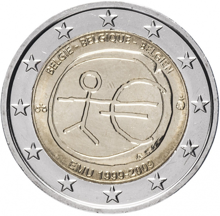 (005) Монета Бельгия 2009 год 2 евро &quot;Экономический союз 10 лет&quot;  Биметалл  UNC