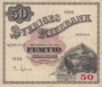 (,) Банкнота Швеция 1958 год 50 крон    UNC