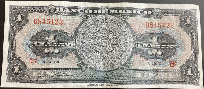 (1954) Банкнота Мексика 1954 год 1 песо &quot;Каменный календарь ацтеков&quot;   VF