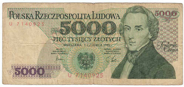 (1982) Банкнота Польша 1982 год 5 000 злотых &quot;Фредерик Шопен&quot;   VF