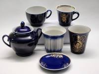 Сахарница кофейные чашки чайные бокалы блюдце фарфор кобальт позолота 6 предметов