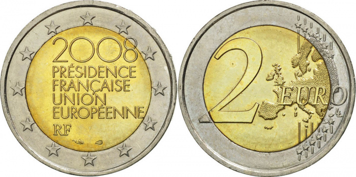 (002) Монета Франция 2008 год 2 евро &quot;Председательство в Совете ЕС&quot;  Биметалл  UNC