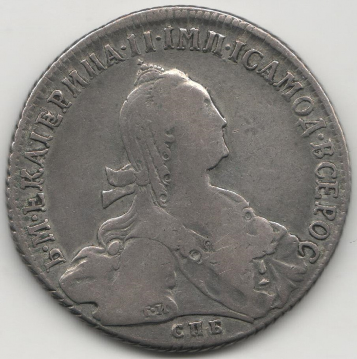 (1774, СПБ TИ ѲЛ) Монета Россия 1774 год 1 рубль &quot;Екатерина II&quot; Тип 3 Серебро Ag 750  VF