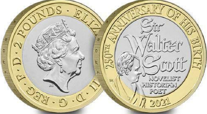 (2021) Монета Великобритания 2021 год 2 фунта &quot;Вальтер Скотт&quot;  Биметалл  Блистер