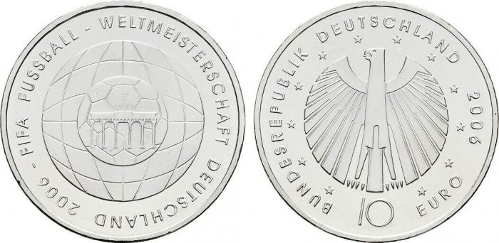 (2006F) Монета Германия (ФРГ) 2006 год 10 евро &quot;ЧМ по футболу Германия 2006&quot;  Серебро Ag 925  UNC