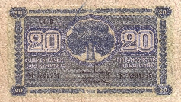 (1945 Litt B) Банкнота Финляндия 1945 год 20 марок  Tuomioja - Alsiala  UNC