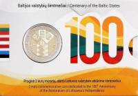 (005) Монета Литва 2018 год 2 евро "100 лет независимости Прибалтики"  Биметалл  Буклет