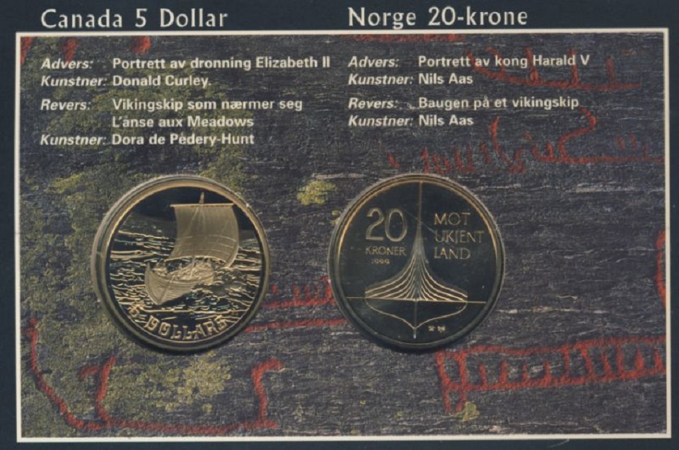 (1999, 20 крон и 5 $) Набор монет Норвегия Канада 1999 год &quot;Корабли викингов&quot;   Буклет