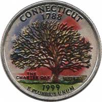 (005d) Монета США 1999 год 25 центов "Коннектикут"  Вариант №2 Медь-Никель  COLOR. Цветная