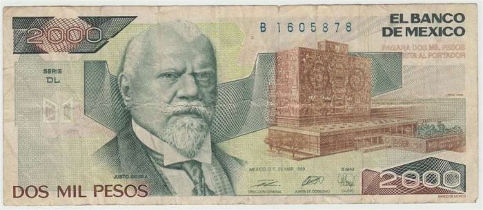 (1989) Банкнота Мексика 1989 год 2 000 песо &quot;Хусто Сьерра&quot;   VF