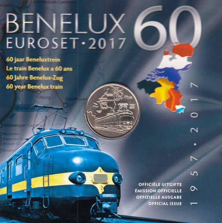 (2017, 24 м + жетон) Набор монет Бенилюкс 2017 год &quot;60 лет первому поезду Бенилюкс&quot;  UNC