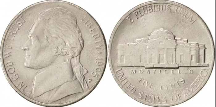 (1995p) Монета США 1995 год 5 центов   Томас Джефферсон Медь-Никель  VF