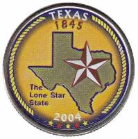 (028d) Монета США 2004 год 25 центов "Техас"  Вариант №1 Медь-Никель  COLOR. Цветная