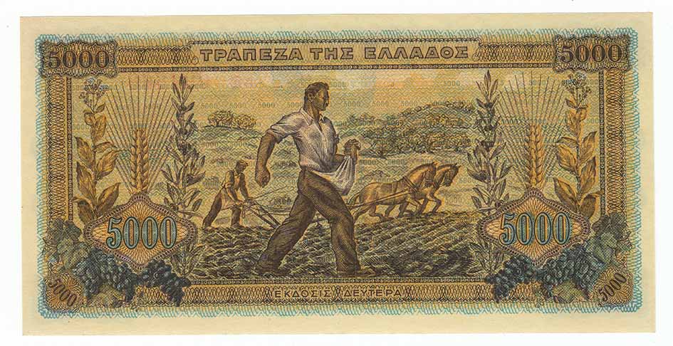 Банкнота Греция (Германо-Итальянская оккупация) 1942 год  5000 драхм &quot;Рабочий и фермер у Ники&quot;, AU