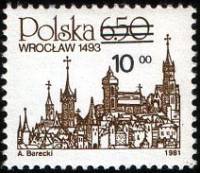 (1982-027) Марка Польша "Вроцлав"  Надпечатка 10 ZL  Стандартный выпуск. Городские достопримечательн