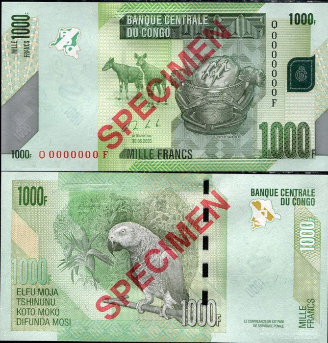 (2005 Образец) Банкнота Дем Республика Конго 2005 год 1 000 франков &quot;Попугай&quot;   UNC