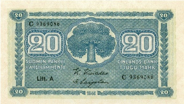 (1945 Litt A) Банкнота Финляндия 1945 год 20 марок    UNC