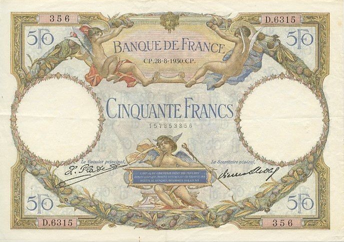 (№1930P-77b) Банкнота Франция 1930 год &quot;50 Francs&quot; (Подписи: Platet  Strohl)
