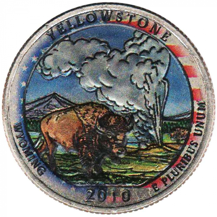 (002d) Монета США 2010 год 25 центов &quot;Йеллоустон&quot;  Вариант №2 Медь-Никель  COLOR. Цветная