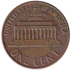 (1980) Монета США 1980 год 1 цент   150-летие Авраама Линкольна, Мемориал Линкольна Латунь  VF