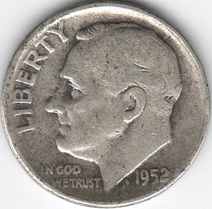 1952 Монета США 10 центов 1. Серебро Франклин Делано Рузвельт Серебро Ag 900  VF
