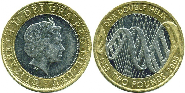 (2003) Монета Великобритания 2003 год 2 фунта &quot;Спираль ДНК&quot;  Биметалл  VF