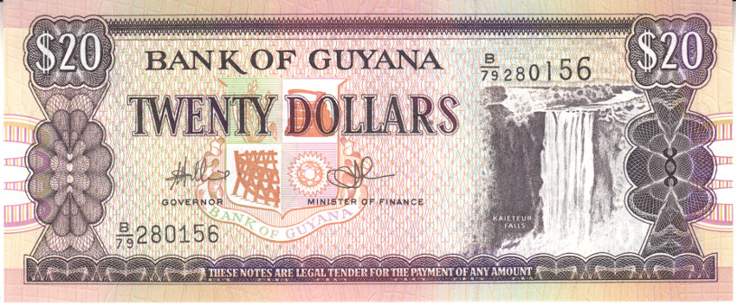Банкнота Гайана 1996 год  20 долларов &quot;Водопад Кайетур. Корабль в порту&quot; (Состояние - AU)