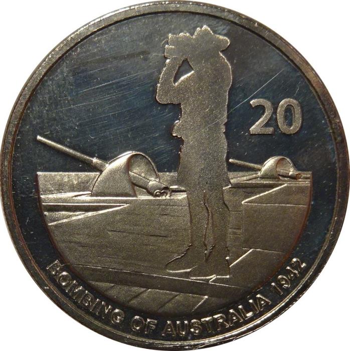 2012 Монета Австралия 2012 год 20 центов Бомбордировки Австралии 70 лет  Медь-Никель  Буклет