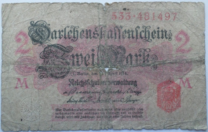 (1914) Ссудный чек Германия 1914 год 2 марки &quot;Белый фон&quot;   F