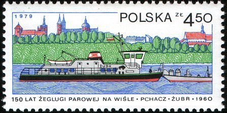 (1979-034) Марка Польша &quot;Буксир 'Зубр'&quot;    150 лет навигации по реке Висла III Θ
