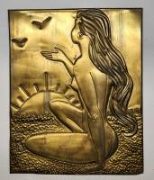 Панно настенное чеканка СССР Девушка обнаженная восход закат Солнца море русалочка металл 28.5 х 23 