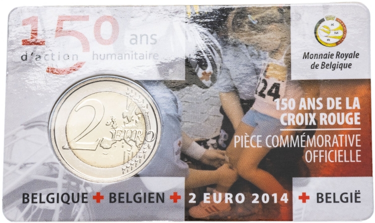 (013) Монета Бельгия 2014 год 2 евро &quot;Красный Крест. 150 лет&quot;  Биметалл  Coincard